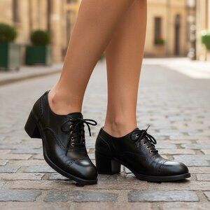 *Vintage 70's Chunky Oxford Heeled Shoes Womens 9-9.5? Black Penny Lane Hippie